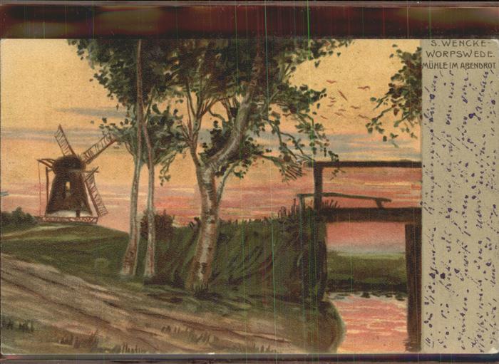Worpswede Mühle im Abendrot Künstlerkarte S.Wenck
