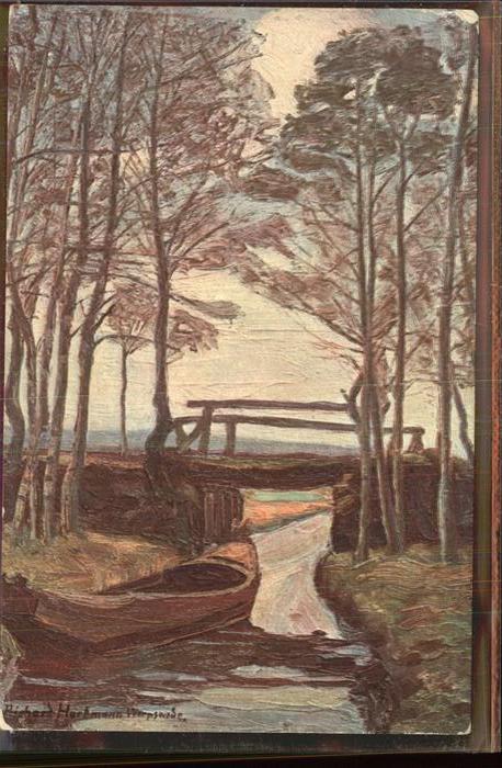 Worpswede Fluss mit Boot und Brücke Künstlerkarte