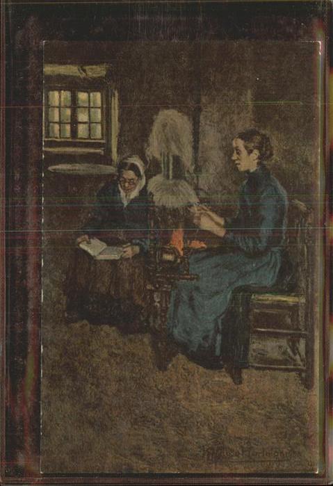 Worpswede Frauen am Spinnrad Künstlerkarte