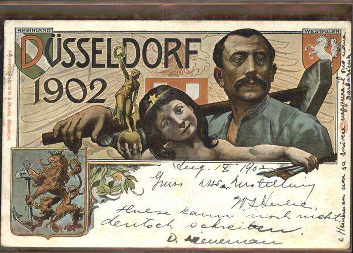 Ausstellung Industrie Gewerbe Kunst Dues Wappen Westfalen Rheinland Arbeiter
