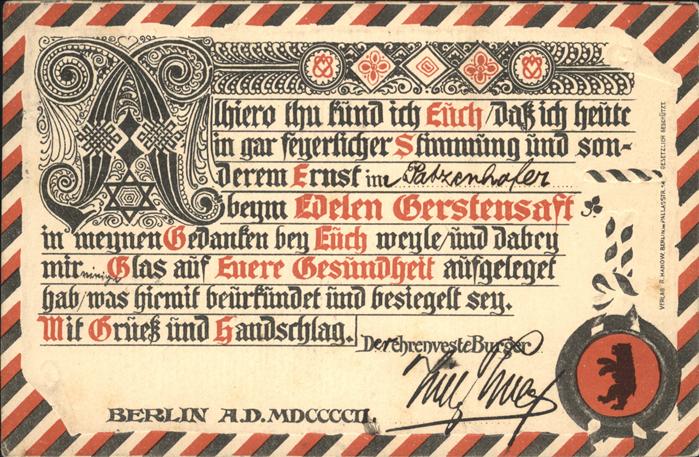 Berlin Gasthaus Batzenhofer Urkunde Siegel