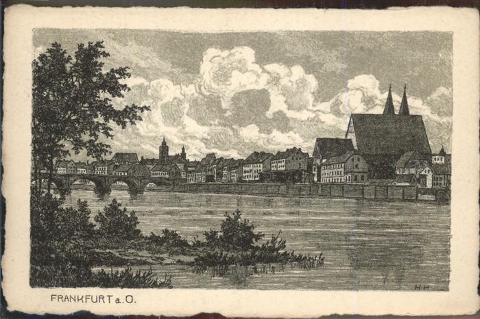 Frankfurt Oder Oderbrücke mit Stadtpanorama Radierung