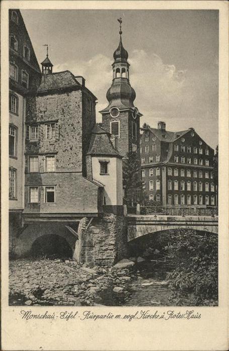 Monschau Montjoie NRW Rurpartie mit ev Kirche und Rotem Haus