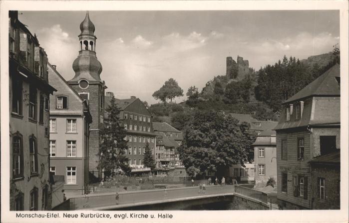 Monschau Montjoie NRW Neue Rurbruecke Ev Kirche und Halle