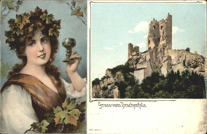 Drachenfels Frau mit Weinlaub Weinglas