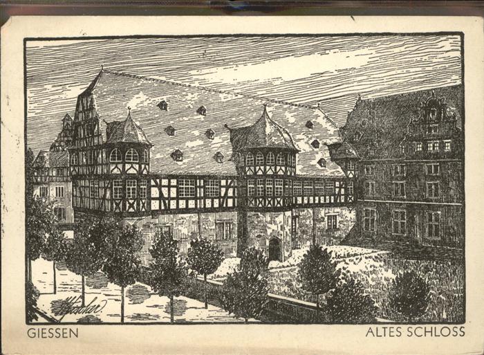 Giessen Lahn Altes Schloss Zeichnung Künstlerkarte