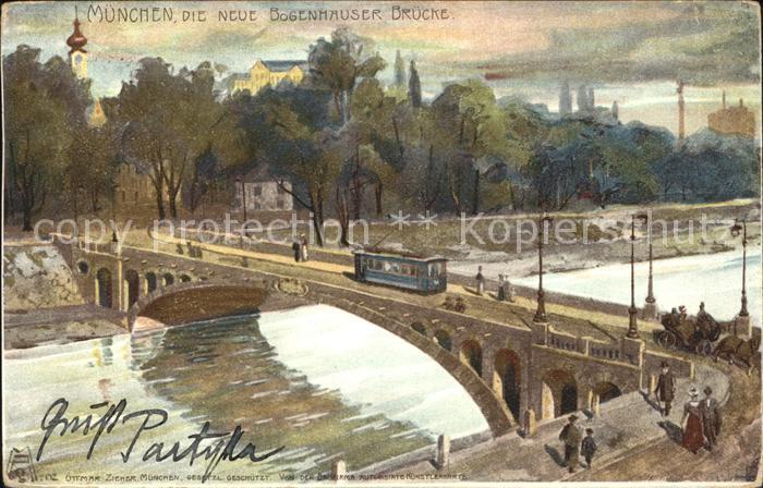 Muenchen Bayern Bogenhauser Bruecke Isar Strassenbahn Pferdekutsche Kuenstlerkar