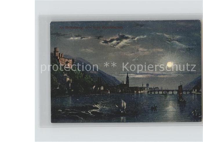 Heidelberg Neckar mit Schloss im Mondschein