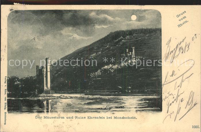 Bingen Rhein Der Maeuseturm Ruine Ehrenfels bei Mondschein