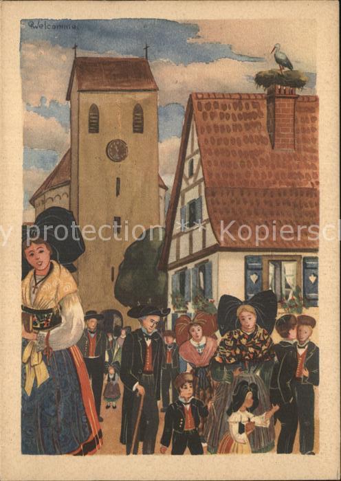 Trachten Alsace Sortie de Messe Künstlerkarte P. Welcom