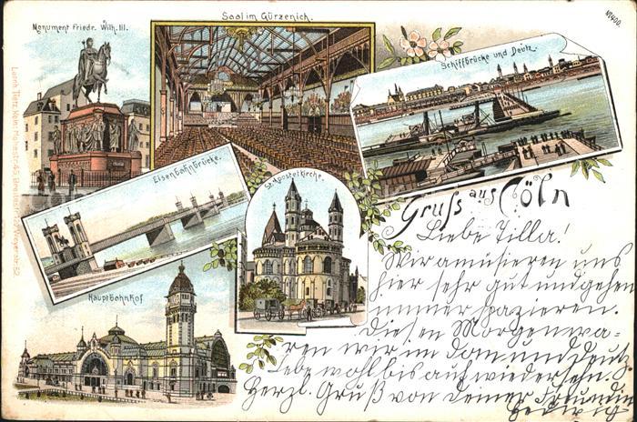 Coeln Rhein Monument Friedr Wilh III Saal im Guerzenich Eisenbahnbruecke Schiffb