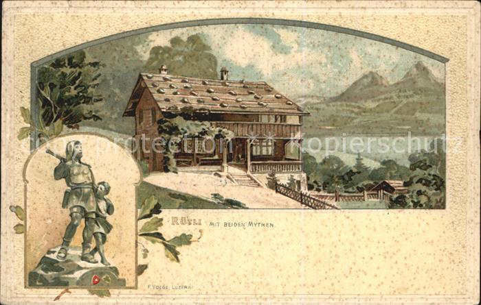 Ruetli Vierwaldstaettersee mit den beiden Mythen Berghaus Statue Litho