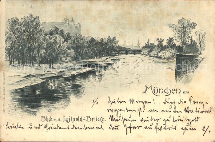 Muenchen Bayern Blick von der Luitpoldbruecke Isar Kuenstlerkarte