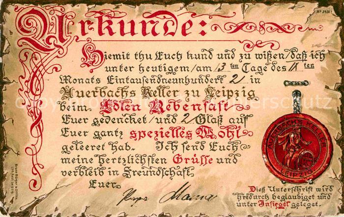 LEIPZIG Sachsen Urkunde Auerbachs Keller