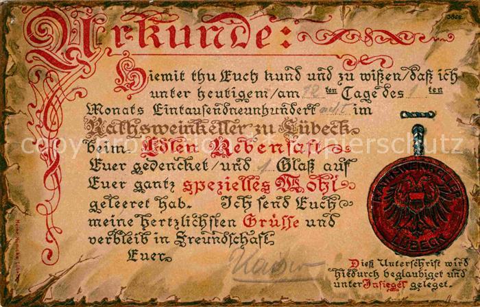 LueBECK  CITY Urkunde Edler Rebensaft