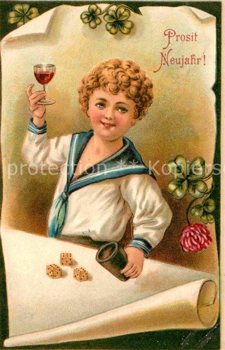 Wuerfelspiel Kind Neujahr Wein Litho Kleeblatt Litho