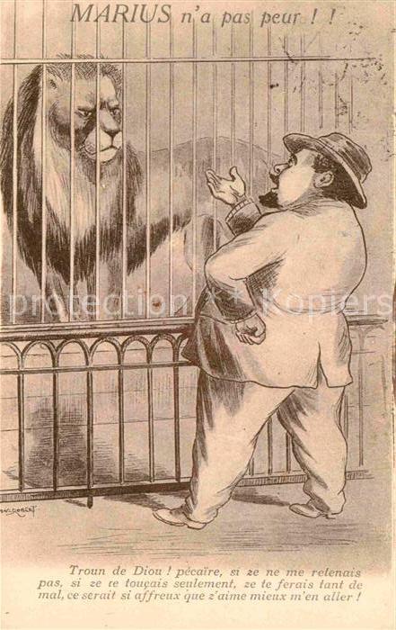 Kuenstlerkarte Jean Robert Marius n'a pas peur Loewe Kaefig Mann