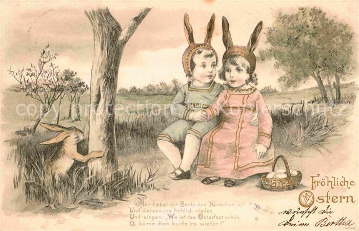 Ostern Easter Paques Kinder Hase Gedicht Litho