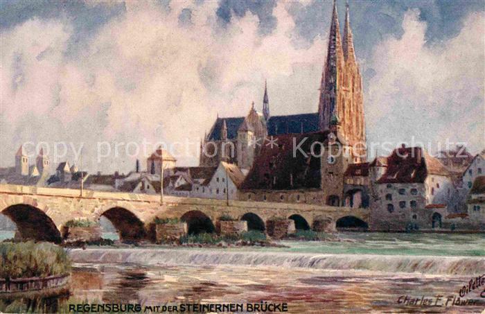 Verlag Tucks Oilette Nr. 711 Regensburg Steinerne Bruecke Charles E. Flower