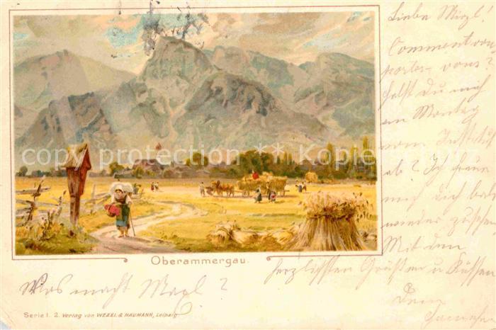 OBERAMMERGAU Bayern Getreideernte Wandersfrau Kuenstlerkarte
