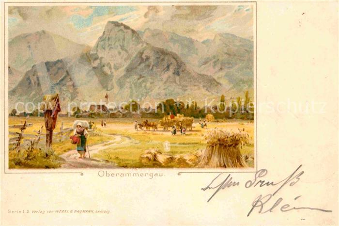OBERAMMERGAU Bayern Getreideernte Wandersfrau Marterl Kuenstlerkarte