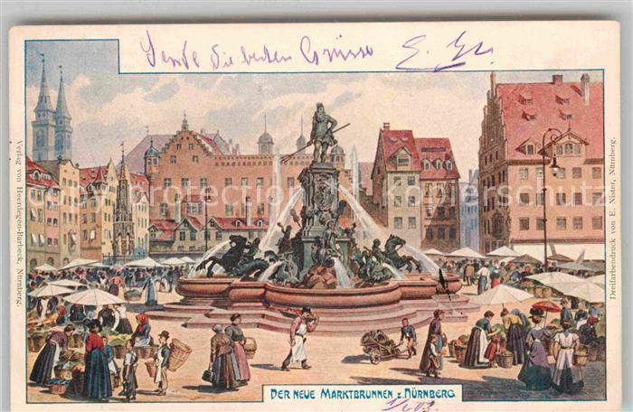 NueRNBERG CITY Marktbrunnen Dreifarbendruck Nister