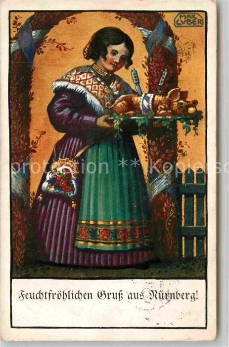 NueRNBERG CITY Frau Tracht Spanferkel Grusskarte