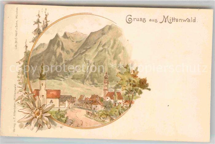 Mittenwald Bayern Kirche Panorama Lithographie Wolf und Sohn