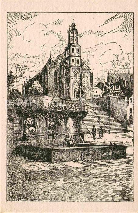 Schwaebisch Hall Michaelskirche mit Marktbrunnen Zeichnung