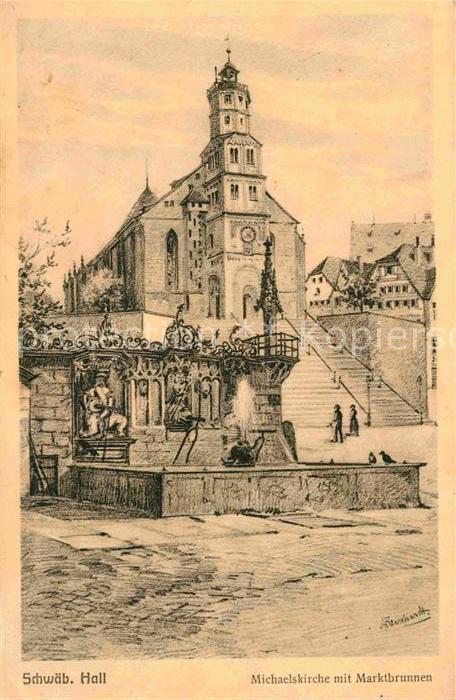 Schwaebisch Hall Michaelskirche mit Marktbrunnen