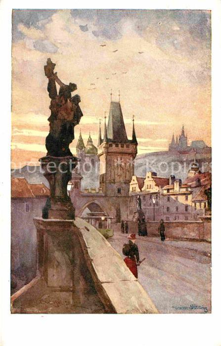 Prag Prahy Prague Karlsbruecke Brueckentor Kuenstlerkarte