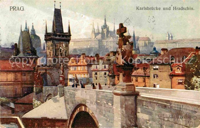 Prag Prahy Prague Karlsbruecke Schloss Kuenstlerkarte
