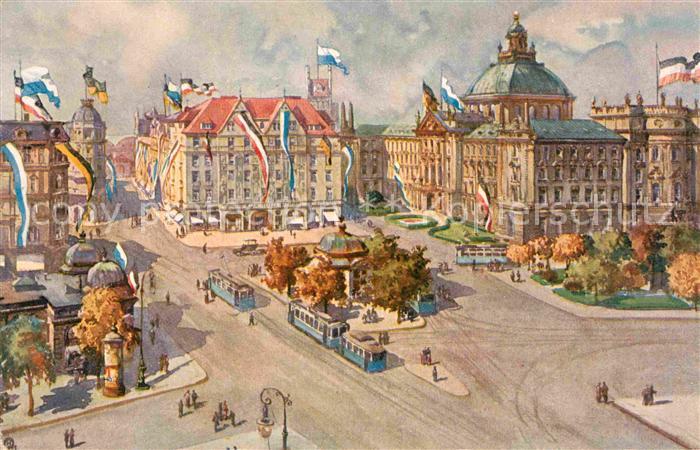 Muenchen Bayern Karlsplatz justizpalasi im Flaggenschmuck