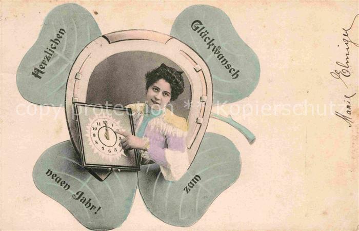 Neujahr Uhr Kleeblatt Frau Hufeisen