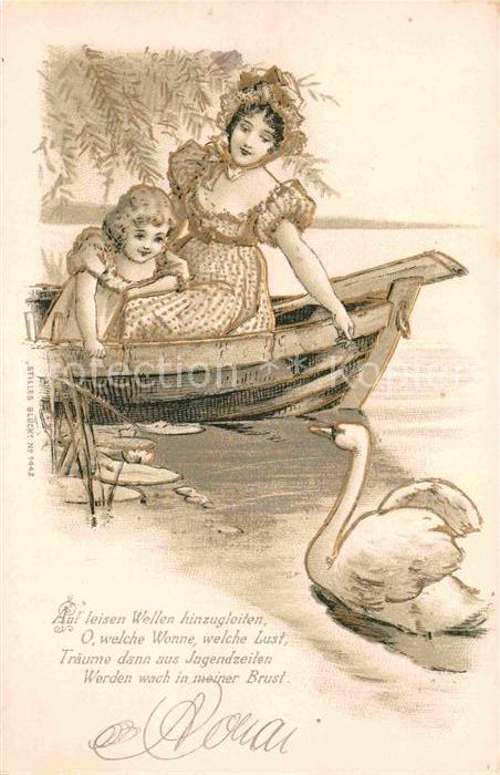 Schwan Kind Mutter Boot Gedicht Litho