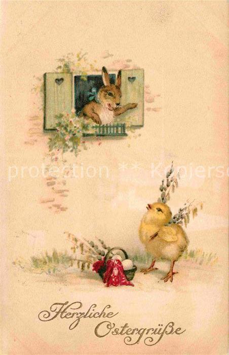 Vermenschlicht Hase Kueken Ostern Weidenkaetzchen Ostereier Litho