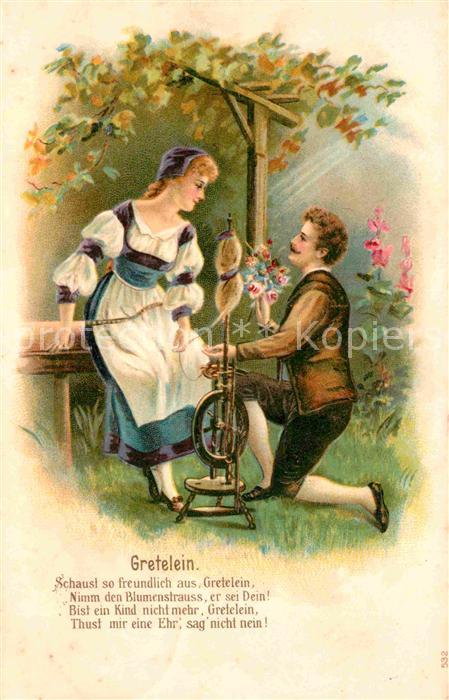 Spinnrad Gretelein Blumenstrauss Gedicht Litho
