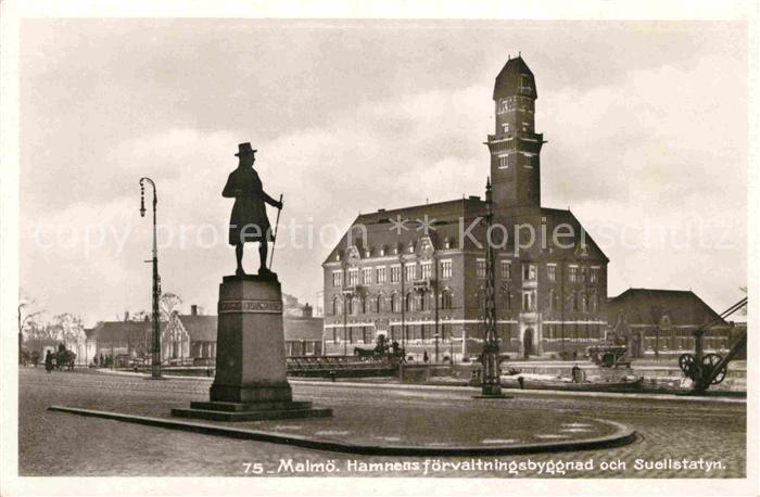 Malmoe Hamnens foervaltningsbyggnad och Suellstatyn