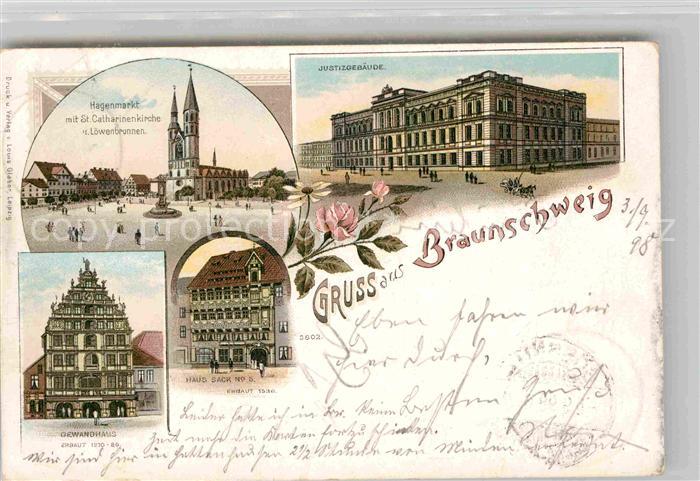 BRAUNSCHWEIG  CITY Hagenmarkt mit St Catharinenkirche Loewenbrunnen Justizgebaeu