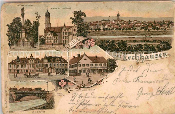 Lechhausen Kriegerdenkmal Kirche Rathaus Lechbruecke Schloessle Gasthaus Sonne