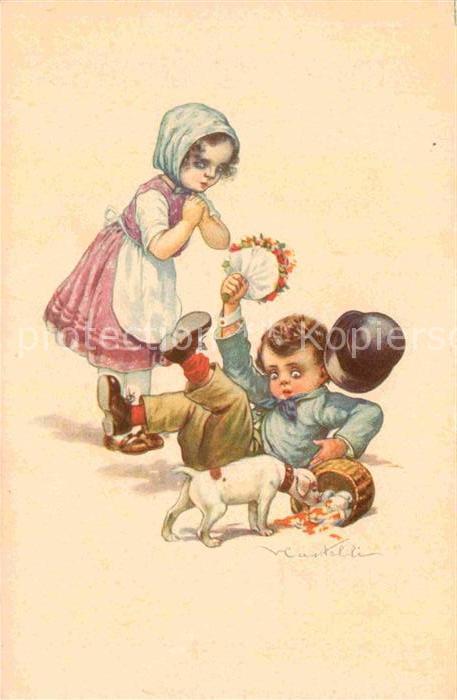 Kinder Child Enfants Hund Eier Sturz Blumen Hut Künstlerkart