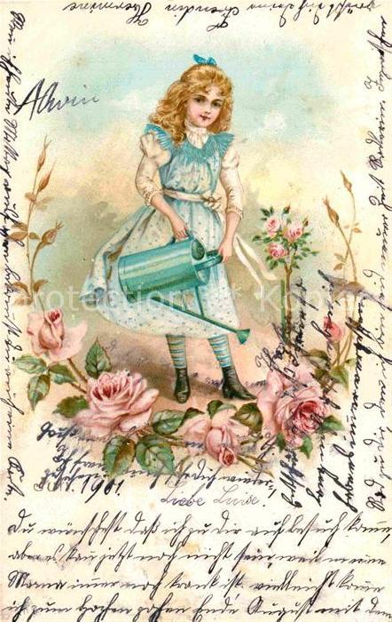 Monatskarte Juli Kind Rosen Giesskanne Litho