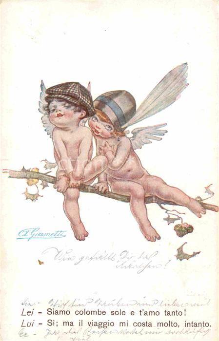 Kuenstlerkarte A. Giametti Kinder Elfen Hutmode