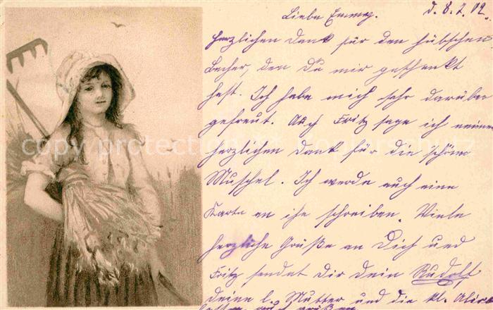 Landwirtschaft Heuernte Rechen Mädchen Litho