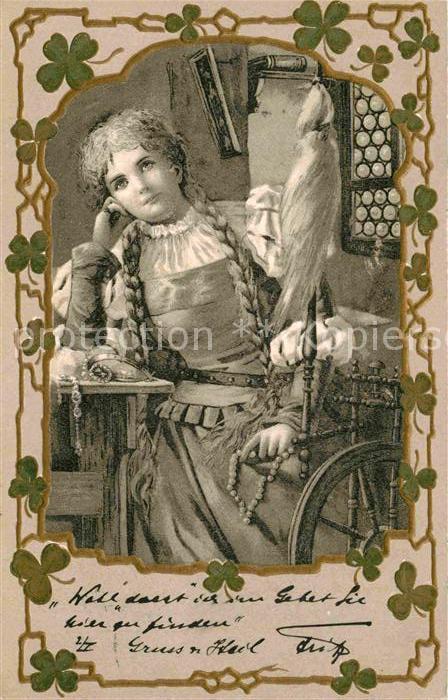 Spinnrad Frau Tracht Litho