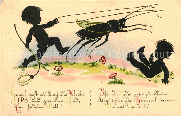 Scherenschnitt Schattenbildkarte Kinder Heuschrecke Blumen