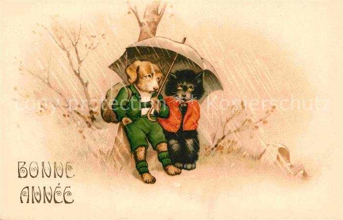 Vermenschlicht Hund Katze Regenschirm Regen Neujahr Litho
