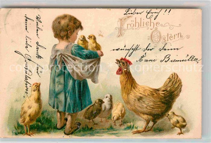 Ostern Easter Paques Kind Kueken Huhn Litho