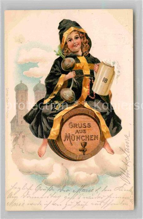 Muenchner Kindl Muenchen Bierfass Bierkrug Rueben Litho
