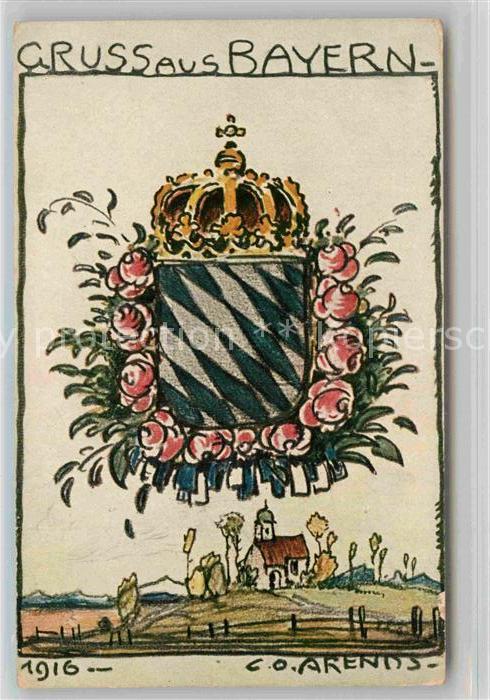 Kuenstlerkarte C.O. Arends Bayern Krone Rosen Vaterlandsdank Kriegsgefallenen